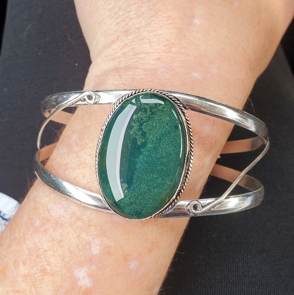 New Indian Moss Agate 925 Silver Cuff Bracelet. - Picture 7 of 10